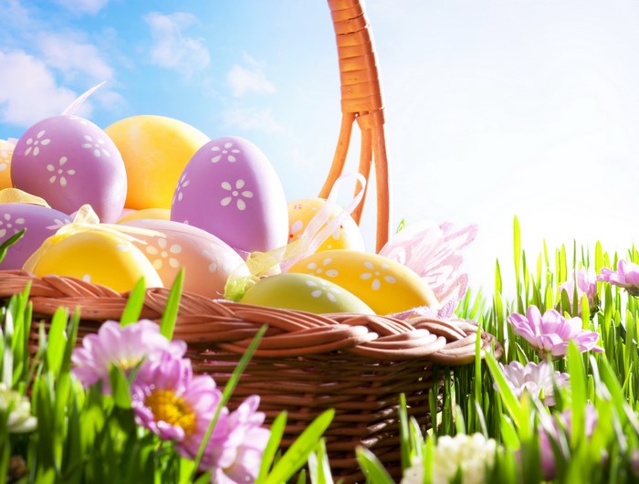 Easter eggs in a wicker basket on grass