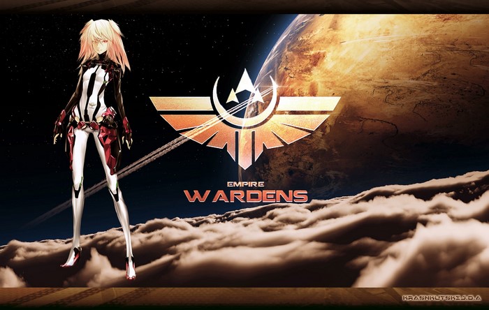 Empire Wardens anime character with logo and planet