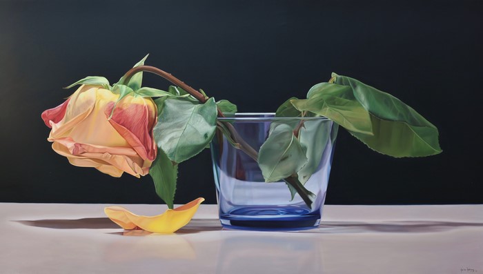 Painting of a wilting rose in a glass