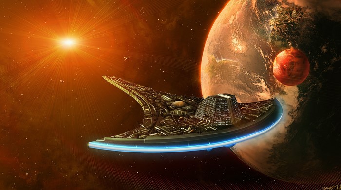 Starship near planets and sun