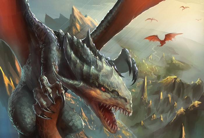 Dragon roaring in a mountainous landscape with smaller dragons flying