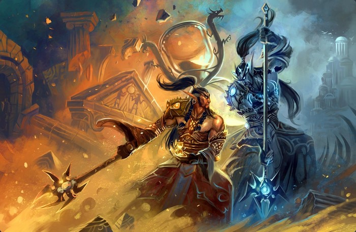 Two warriors, one in gold armor and one in blue armor, stand in a ruined landscape.