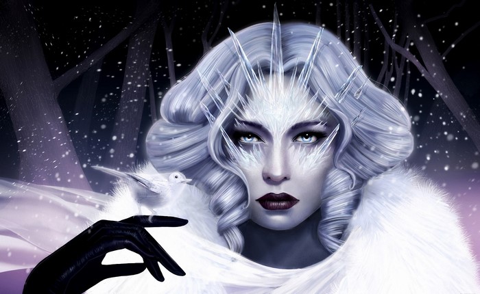 Ice Queen with a Bird in a Snowy Forest