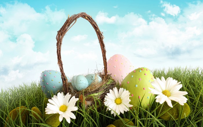 Easter eggs in a basket with flowers on grass