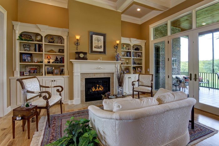 Living room with fireplace and bookshelves
