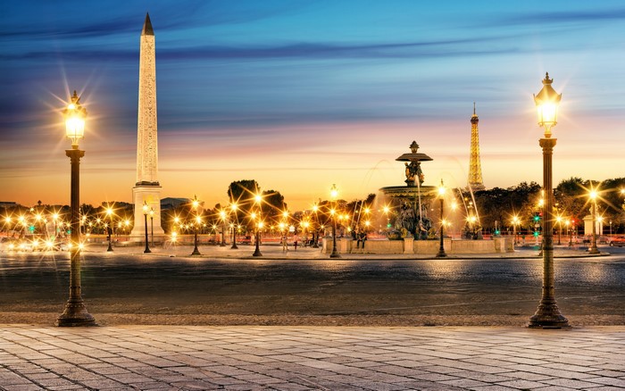 Place de la Concorde at dusk with Eiffel Tower