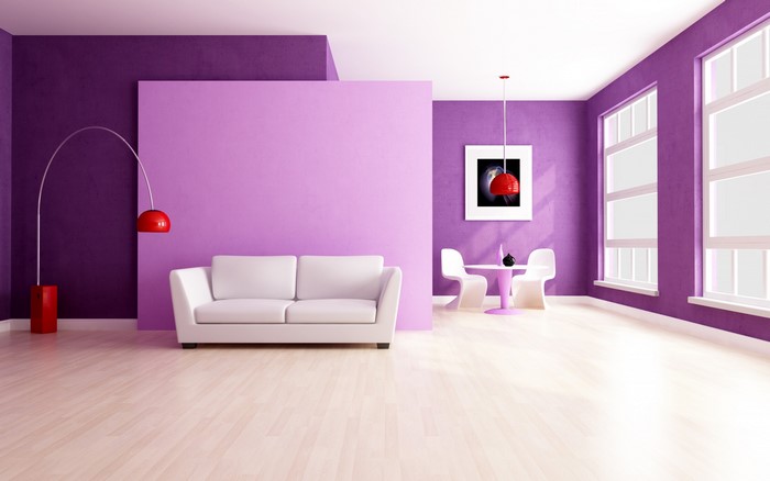 Modern living room with purple walls and white sofa