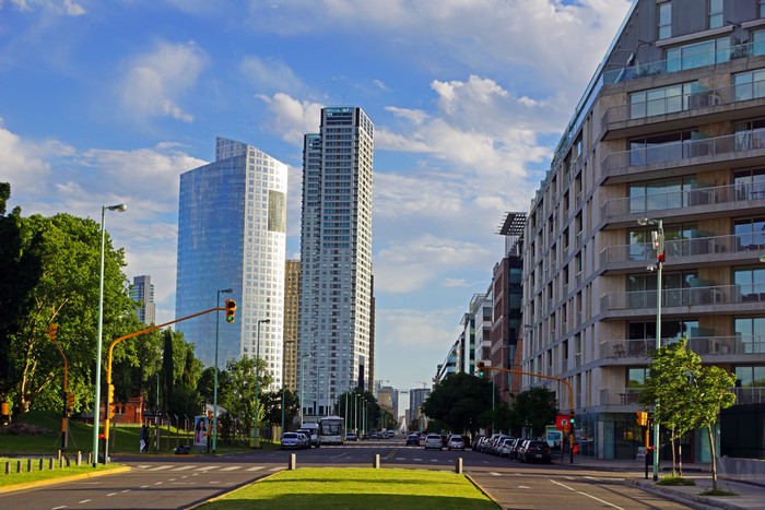 Buenos Aires street with modern skyscrapers and buildings