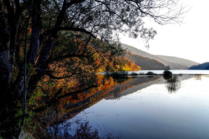 Autumn lake reflection with trees and mountains