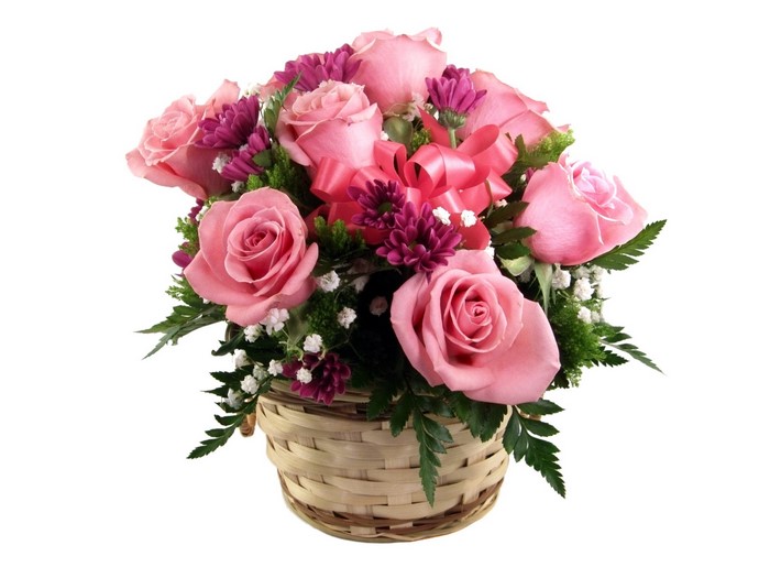 Pink Roses and Purple Flowers in a Wicker Basket