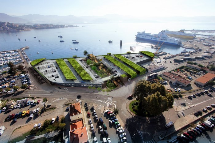 Parking garage with green roofs in a coastal city