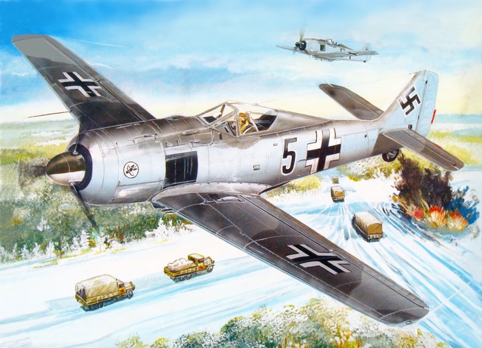 Focke Wulf Fw-190A Airplanes Attacking Trucks