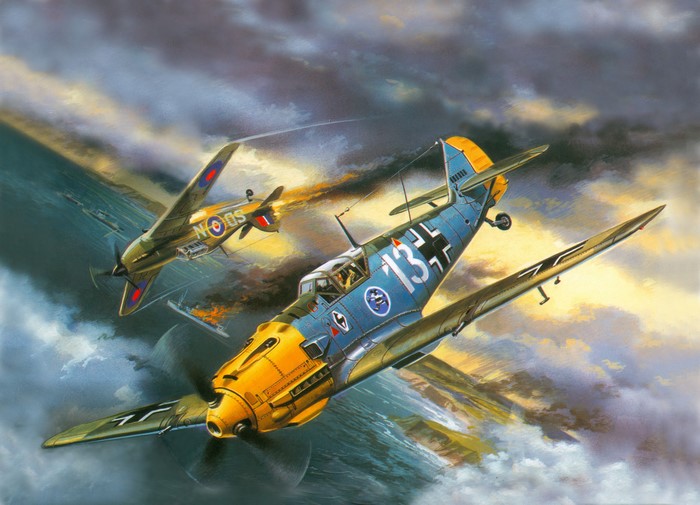 Bf-109E-3 and Hawker Hurricane Dogfight Over Sea