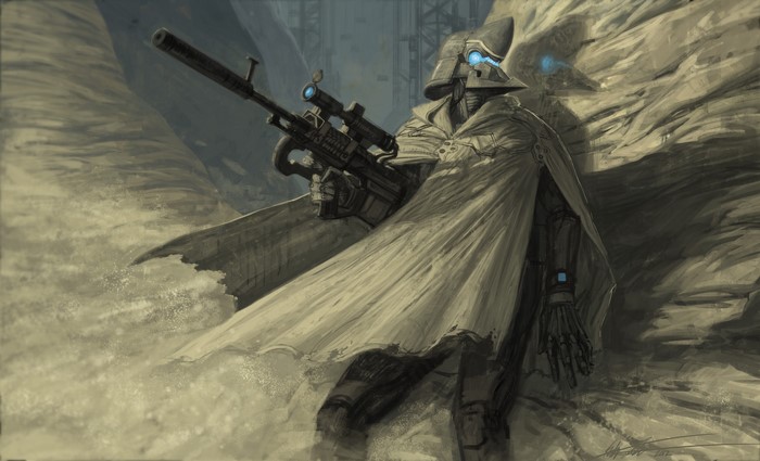 Robot sniper in a desert landscape