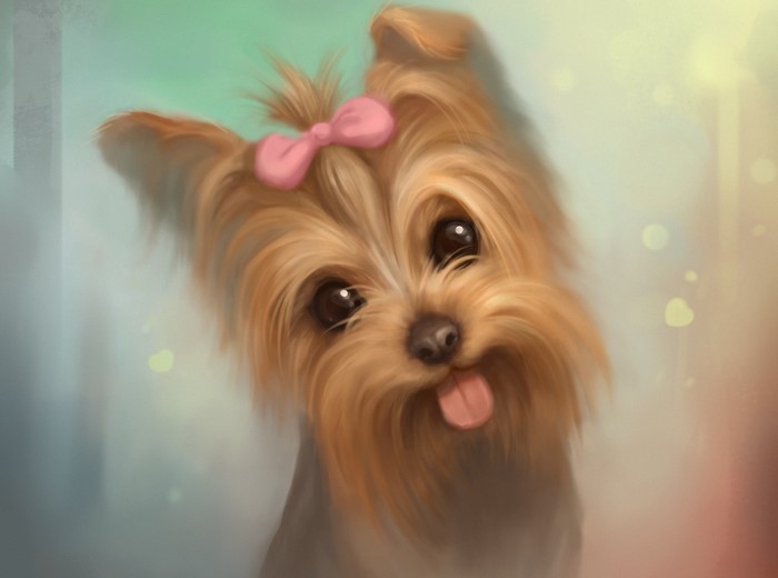 Painting of a Yorkshire Terrier with a Pink Bow