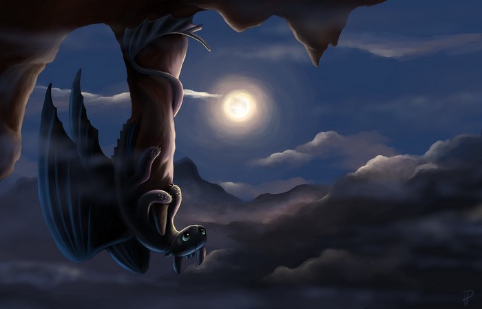 Toothless the Dragon hanging upside down at night