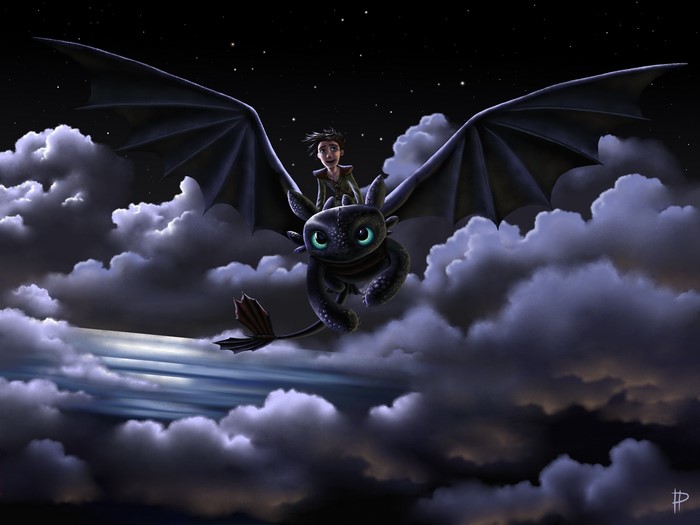 Hiccup and Toothless flying at night