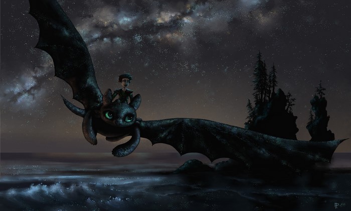 Hiccup and Toothless flying at night