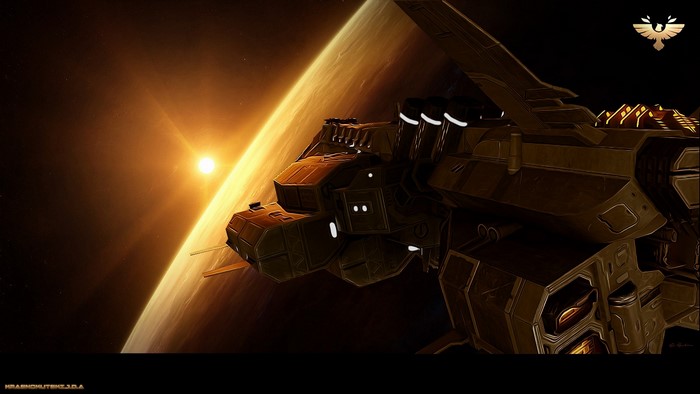 Star Conflict spaceship near a planet and sun
