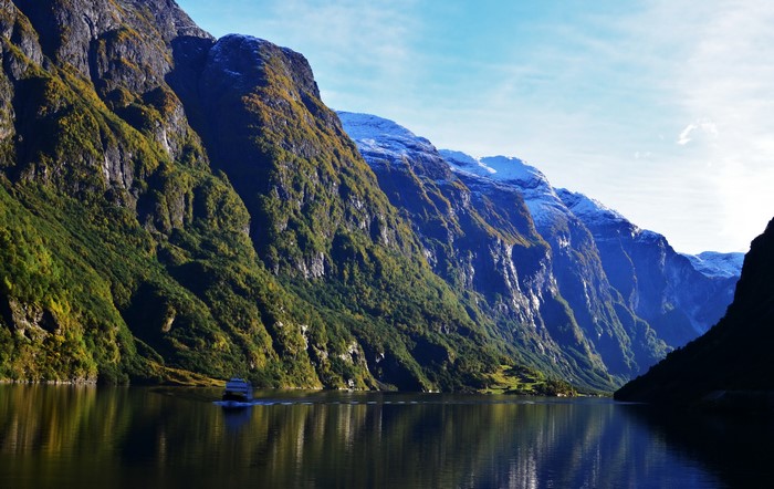 Aurlands Fjord, Norway, with Mountains and a Boat