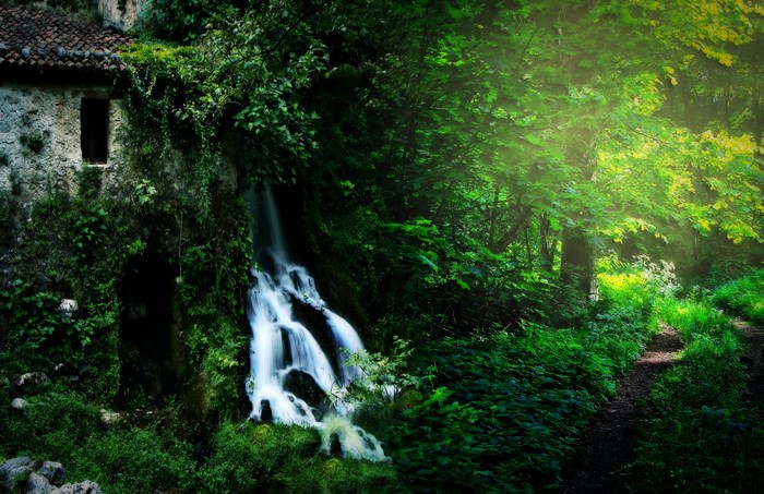 Waterfall cascading near an old stone building in a forest