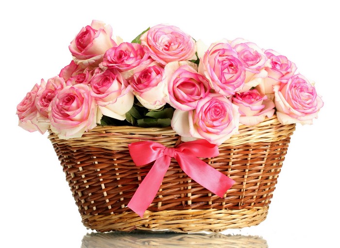Pink Roses in a Wicker Basket with Pink Bow