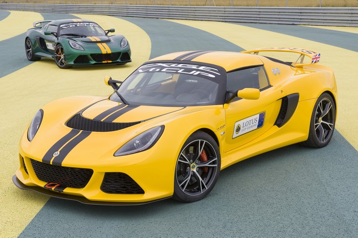 Yellow and green Lotus Exige V6 Cup cars on a track