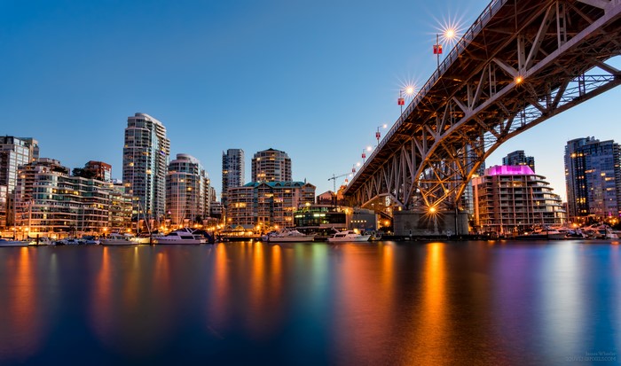 Vancouver cityscape with Granville Island Bridge at dusk