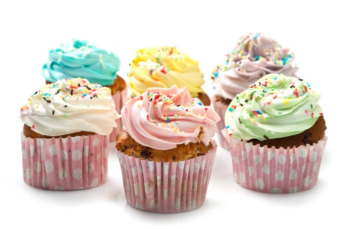 Six colorful cupcakes with sprinkles