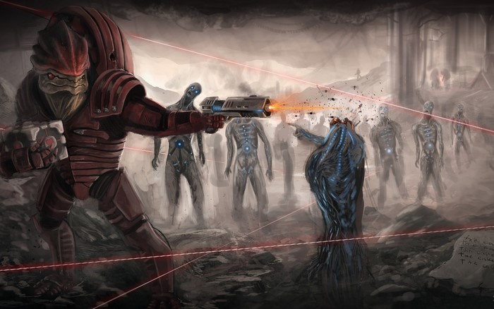 Mass Effect: Krogan and Geth in Combat