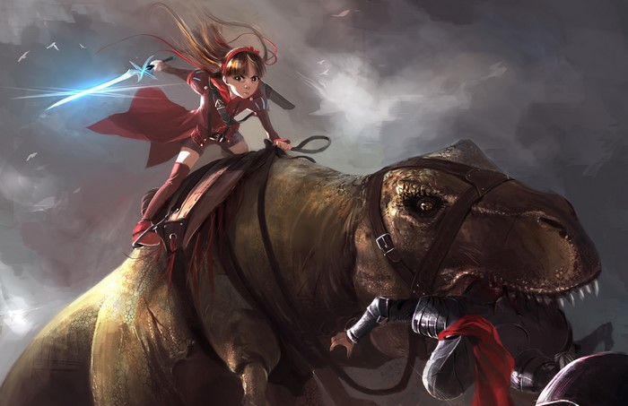 Girl riding a Tyrannosaurus Rex with a sword