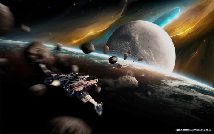 Spaceship flying through asteroid field near planets