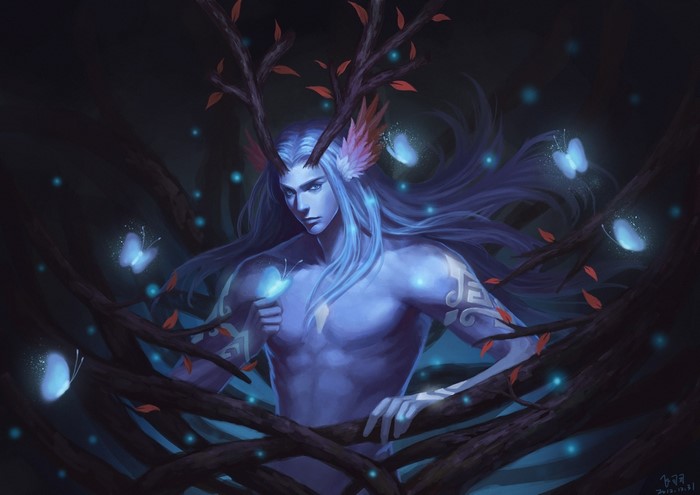 Blue-skinned man with antlers and butterflies