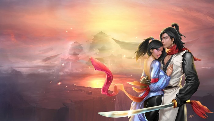 Couple embracing with swords and Asian architecture at sunset