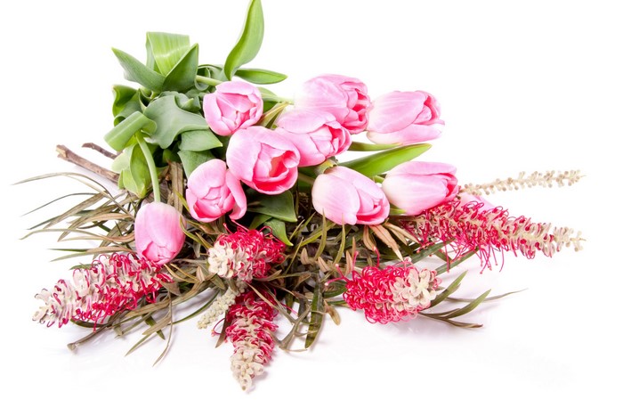 Pink Tulips and Grevillea Bouquet