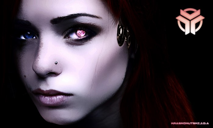 Woman with cybernetic eye and blue eye