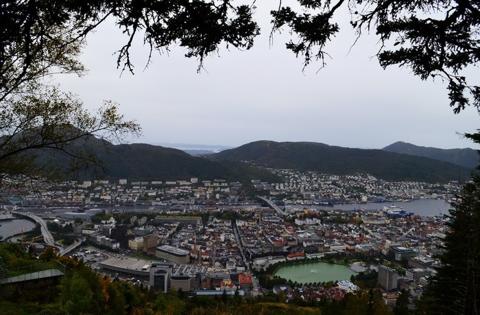 Aerial view of Bergen, Norway with mountains and water