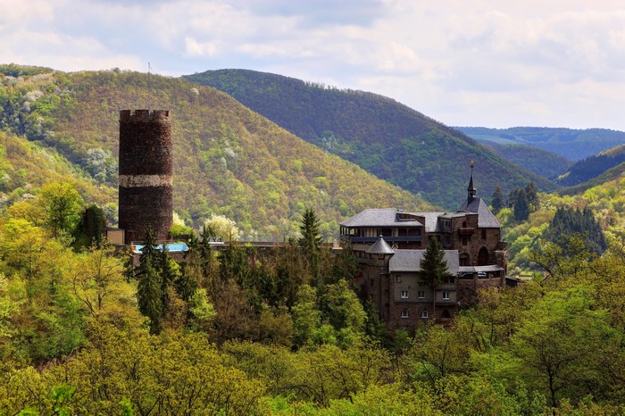 Burg Bischofstein castle in a green valley, Germany