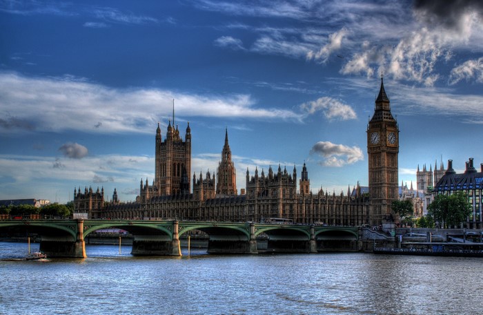 Palace of Westminster and Big Ben over River Thames, London