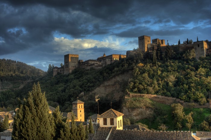 Alhambra fortress on a hill in Granada, Spain