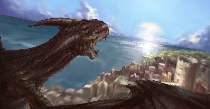 Dragon flying over a coastal city