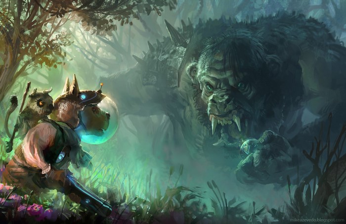 Anthropomorphic creatures face a giant monster in a misty forest