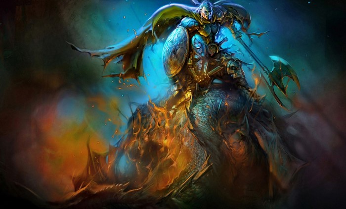 Warrior with shield and axe on a dragon