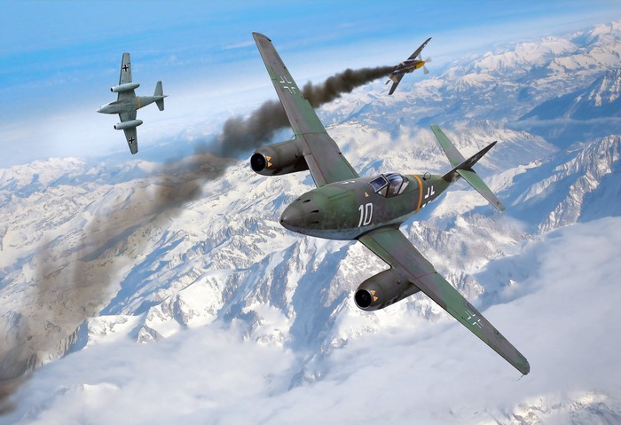 Messerschmitt Me 262 fighter jets in flight over mountains