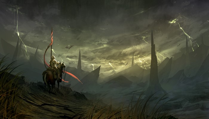 Knight on horseback in a fantasy landscape with dragons