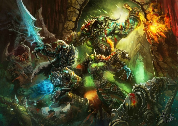 Warriors battling monsters with magical weapons
