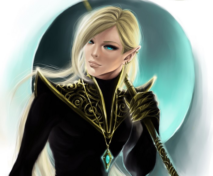 Elf with blonde hair and blue eyes holding a staff