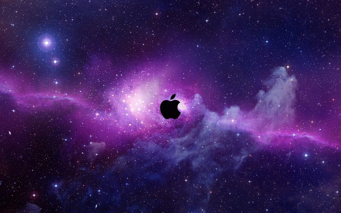 Apple logo in a purple and blue galaxy