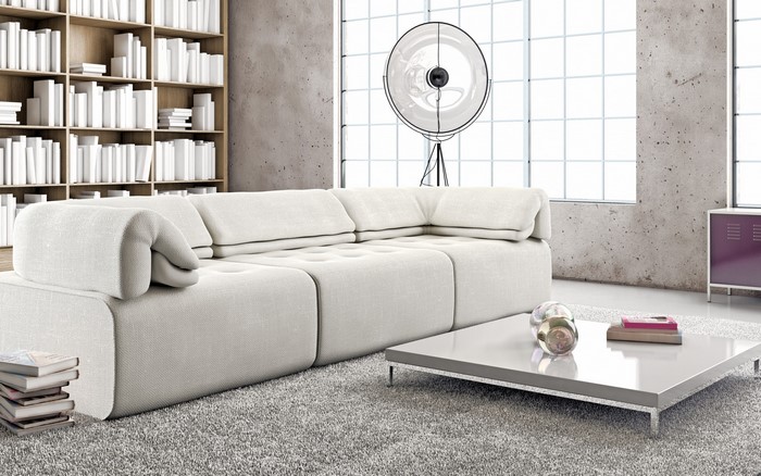 Modern living room with white sofa and bookshelf
