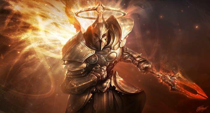 Golden Warrior with Halo and Fiery Spear